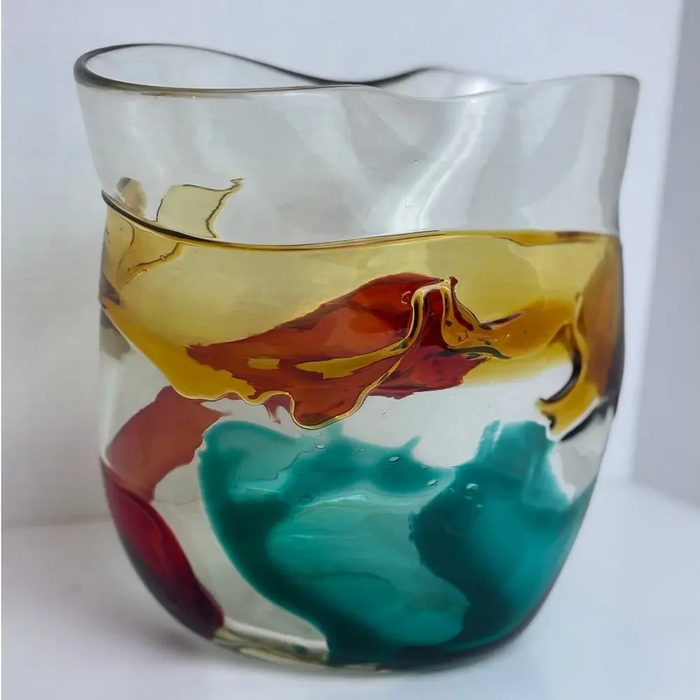Vintage Blown Glass Vase Clear with Multi Color Swirls Beautiful!